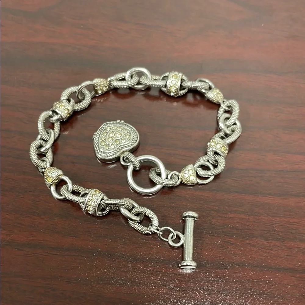 Vintage 925 Textured Silver Heart and Cubic Zirconia Toggle Bracelet